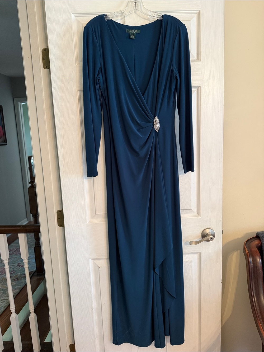 Lauren Ralph Lauren Teal Long Sleeve Draped Wrap Dress with Side Brooch 12